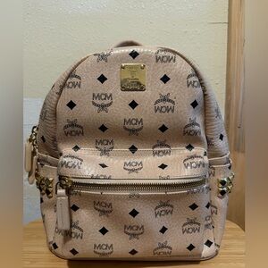 MCM Beige Pink Logo Print Mini Backpack with Gold Hardware